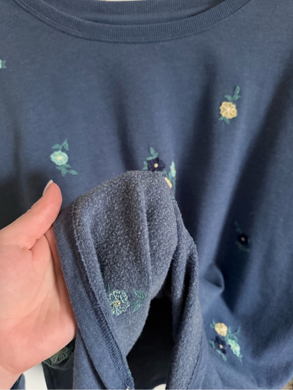 Women's Navy Blue Floral Embroidered Sweatshirt Cottagecore Artsy Whimsy Cosy - Picture 6 of 9